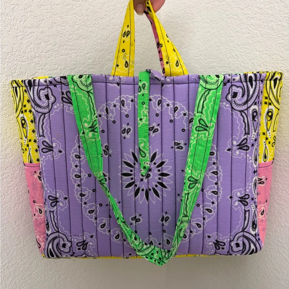 Colorblock Bandana Quilted Tote Bag - Green/Purple/Pink/Yellow